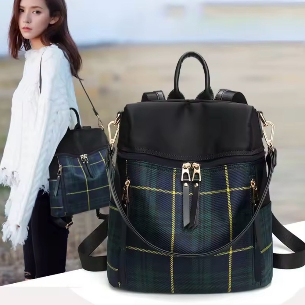 Classic Plaid Print Vegan Leather zip up Medium size Back Pack